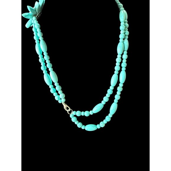 Authentic Turquoise Double Strand 2 Flower Statement Necklace Silver Tone Clasp - Picture 3 of 4
